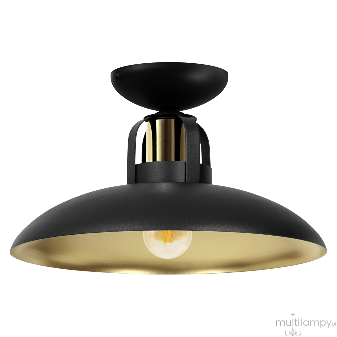 Lampa sufitowa Felix w kolorze czarnym i złotym, z metalowym kloszem o półokrągłym kształcie, zawieszona na czarnej podstawie. Widoczna żarówka E27 wewnątrz. Klosz z matowym wykończeniem z zewnątrz i błyszczącym złotym wnętrzem.