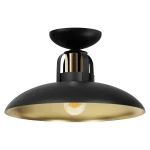 Lampa sufitowa Felix w kolorze czarnym i złotym, z metalowym kloszem o półokrągłym kształcie, zawieszona na czarnej podstawie. Widoczna żarówka E27 wewnątrz. Klosz z matowym wykończeniem z zewnątrz i błyszczącym złotym wnętrzem.