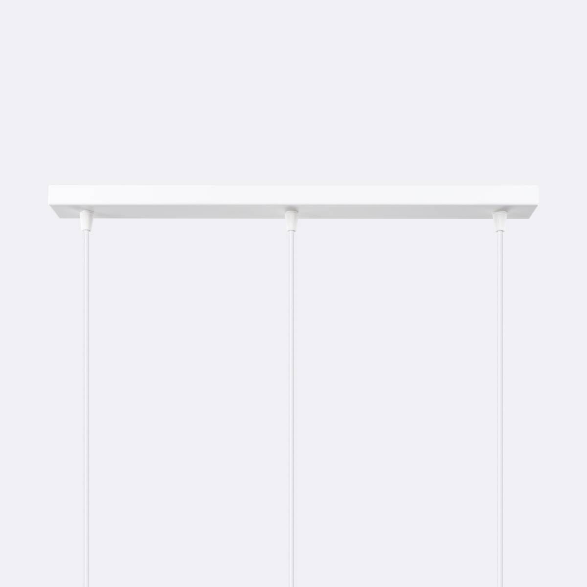 Lampa wisząca Brina 3xG9 w kolorze białym, z prostokątną podstawą i trzema cienkimi przewodami, zawieszona na jasnoszarym tle. Produkt zamontowany w pozycji poziomej, idealny do oświetlenia wnętrz.