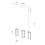 Lampa wisząca Brina 3xG9 w kolorze białym z trzema okrągłymi kloszami o średnicy 12 cm, zawieszonymi na regulowanych linkach. Górna część o wymiarach 50x5 cm, wysokość całkowita 115 cm. Elegancki design z metalową siatką.