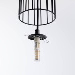 Czarna lampa wisząca Brina z metalowym, szczelinowym kloszem, z oprawką G9. Widoczny element mocujący oraz żarówka LED. Lampa zawieszona na czarnym kablu, na jednolitym białym tle.