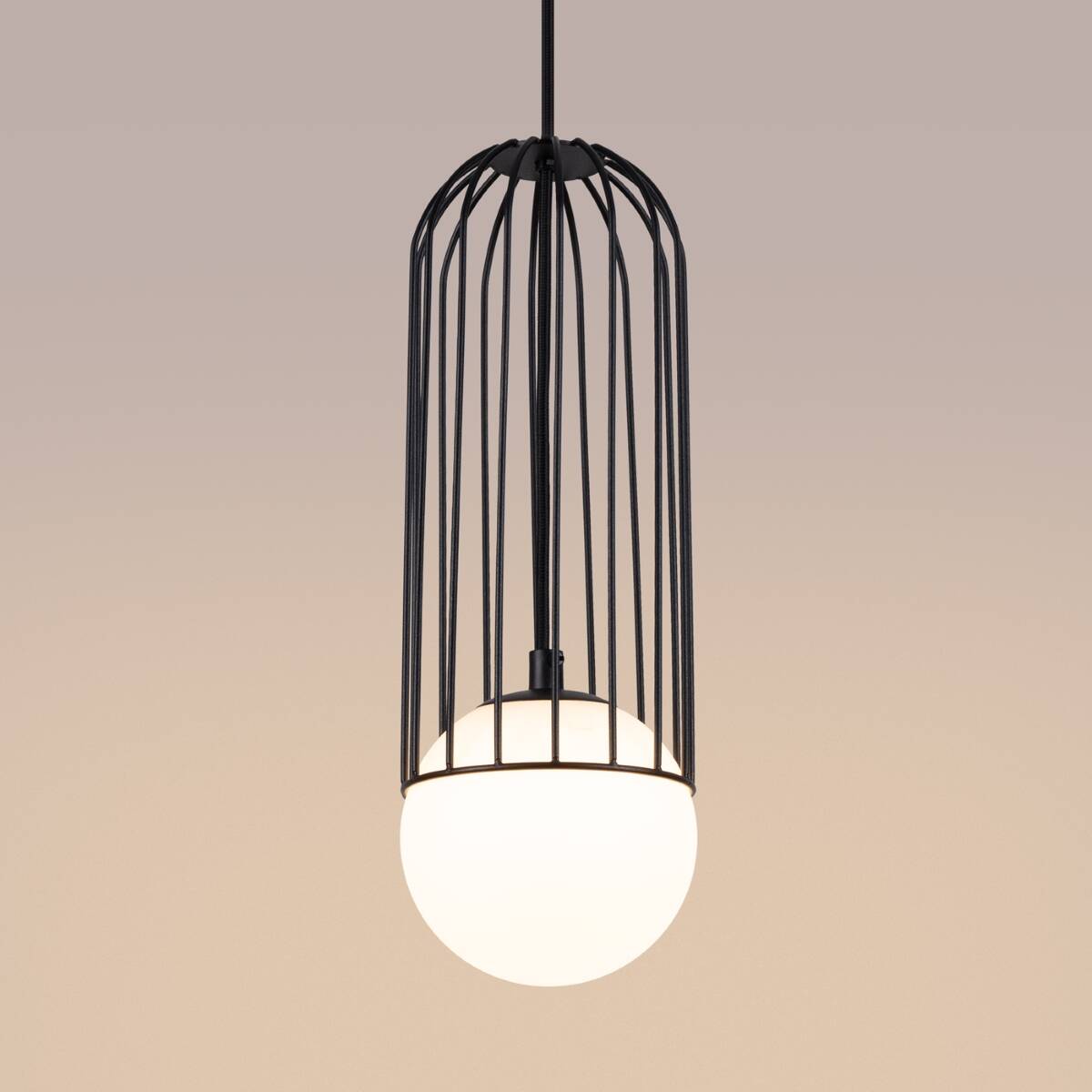 Czarna lampa wisząca Brina z kloszem w kształcie kuli, osłonięta metalową siatką. Ujęcie z góry, lampa zawieszona na cienkim kablu, z wyraźnym kontrastem białego klosza i czarnej struktury. Tło w neutralnym odcieniu.
