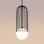Czarna lampa wisząca Brina z kloszem w kształcie kuli, osłonięta metalową siatką. Ujęcie z góry, lampa zawieszona na cienkim kablu, z wyraźnym kontrastem białego klosza i czarnej struktury. Tło w neutralnym odcieniu.