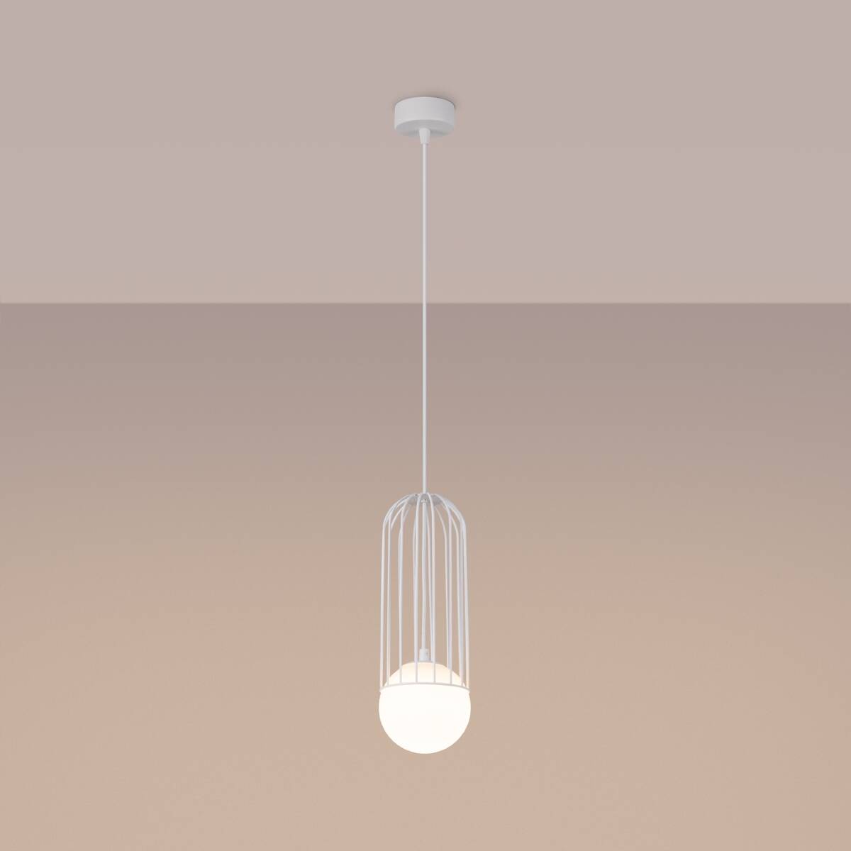 Lampa wisząca Brina 1xG9 w kolorze białym, zawieszona na cienkim, białym przewodzie. Posiada okrągłą, mleczną kulę w metalowej, białej klatce. Ujęcie z dołu, na jednolitym tle, podkreślające minimalistyczny design.