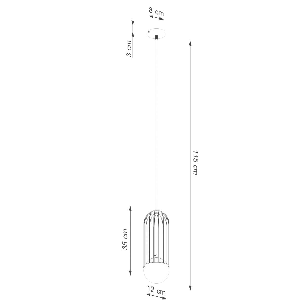 Lampa wisząca Brina 1xG9 w kolorze białym, o wysokości 115 cm i średnicy klosza 12 cm. Klosz w formie siatki, długość zawieszenia 35 cm. Montaż sufitowy z okrągłą podstawą o średnicy 8 cm i wysokości 3 cm.