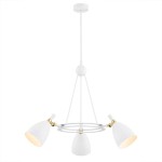 Lampa wisząca Charlotte w kolorze białym z trzema kloszami E27. Klosze mają zaokrąglony kształt, osadzone na metalowej konstrukcji z elementami w kolorze złotym. Produkt zawieszony na cienkim, białym przewodzie, z okrągłym mocowaniem do sufitu.