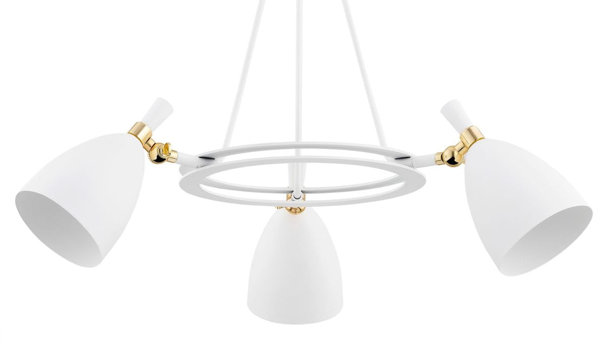 Lampa wisząca Charlotte z trzema oprawami E27, biała. Posiada cylindryczne klosze w matowym wykończeniu, złote detale oraz okrągłą, białą podstawę. Ujęcie z dołu, ukazujące elegancką konstrukcję i stylowy design.