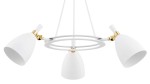 Lampa wisząca Charlotte z trzema oprawami E27, biała. Posiada cylindryczne klosze w matowym wykończeniu, złote detale oraz okrągłą, białą podstawę. Ujęcie z dołu, ukazujące elegancką konstrukcję i stylowy design.