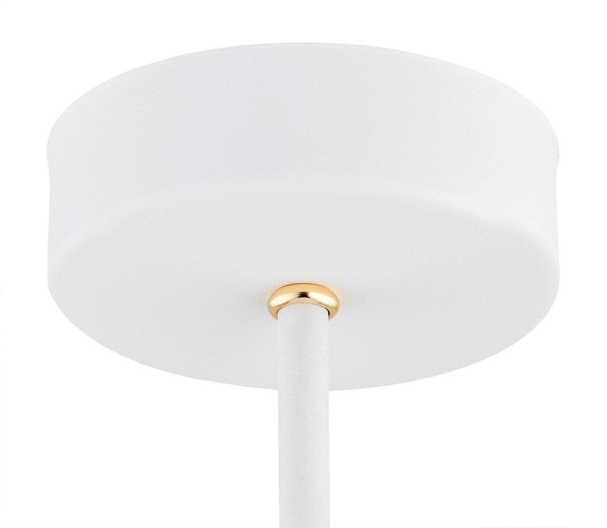 Lampa wisząca Charlotte 3xE27 w białym kolorze z okrągłym, matowym kloszem i złotym detalem u podstawy. Ujęcie z dołu, ukazujące konstrukcję i mocowanie.