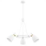 Lampa wisząca Charlotte z trzema kloszami w kolorze białym, zawieszona na cienkim białym przewodzie. Klosze mają złote detale, a całość utrzymana jest w minimalistycznym stylu. Ujęcie frontalne z góry.