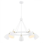 Lampa wisząca Charlotte z pięcioma kloszami, biała, z metalowymi detalami w kolorze złotym. Klosze o kształcie stożkowym, skierowane w różnych kierunkach, tworzą nowoczesny efekt oświetleniowy.