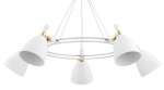 Lampa wisząca Charlotte 5xE27 w kolorze białym, z pięcioma kloszami w kształcie stożków. Metalowa konstrukcja z elementami w kolorze złotym. Produkt zawieszony na cienkich linkach, z widocznymi detalami mocowania. Idealna do nowoczesnych wnętrz.
