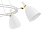 Biała lampa wisząca Charlotte z pięcioma kloszami E27, z metalową konstrukcją i złotymi detalami. Ujęcie z boku, pokazujące eleganckie, stożkowe klosze oraz okrągłą ramę. Idealna do nowoczesnych wnętrz.