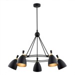 Lampa wisząca Charlotte w kolorze czarnym z pięcioma kloszami E27. Klosze mają stożkowaty kształt, a ich wnętrza są w złotym odcieniu. Produkt zawieszony na cienkim przewodzie, z metalową podstawą montażową.