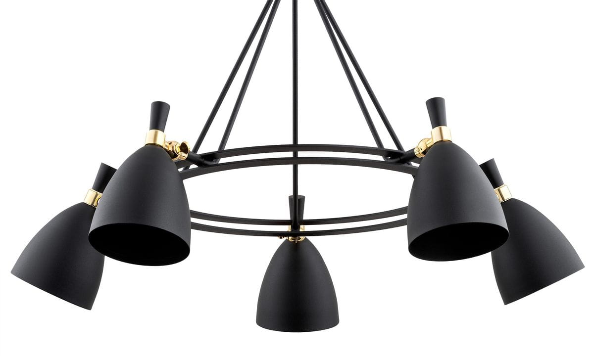 Lampa wisząca Charlotte 5xE27 w kolorze czarnym, z pięcioma kloszami w kształcie stożków, zawieszona na metalowej ramie. Klosze mają złote elementy mocujące, co podkreśla ich nowoczesny design. Produkt jest montowany sufitowo.