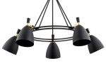 Lampa wisząca Charlotte 5xE27 w kolorze czarnym, z pięcioma kloszami w kształcie stożków, zawieszona na metalowej ramie. Klosze mają złote elementy mocujące, co podkreśla ich nowoczesny design. Produkt jest montowany sufitowo.