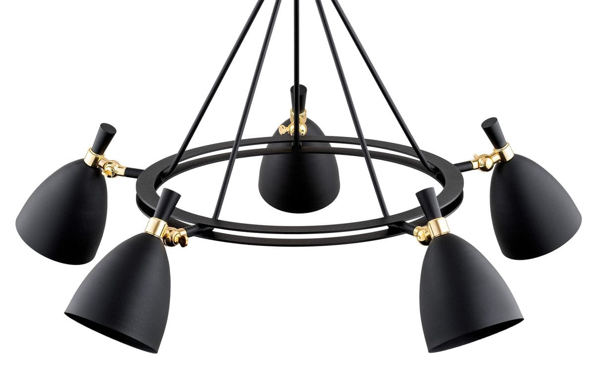 Lampa wisząca Charlotte 5xE27 w kolorze czarnym. Posiada pięć kloszy w kształcie stożka, wykonanych z matowego materiału, zawieszonych na cienkich prętach. Elementy metalowe w kolorze złotym dodają elegancji. Ujęcie z góry, ukazujące detal i konstrukcję.