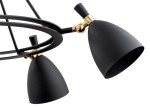 Lampa wisząca Charlotte w kolorze czarnym z pięcioma oprawami E27. Posiada metalową konstrukcję z okrągłymi, matowymi kloszami oraz złotymi elementami mocującymi. Ujęcie z boku, ukazujące detale kloszy i mechanizmu obrotowego.