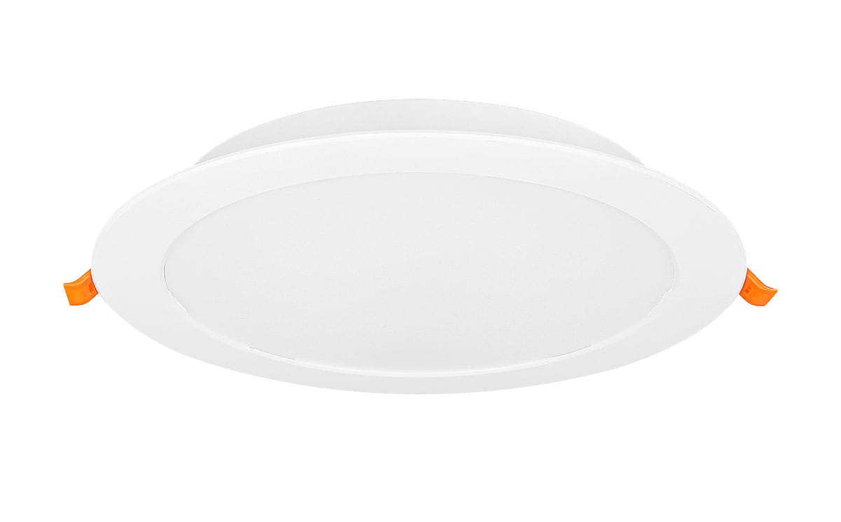 Oprawa do zabudowy LED Bingo R, o okrągłym kształcie w kolorze białym, z widocznymi pomarańczowymi zaczepami. Produkt ma moc 18W, strumień świetlny 1440 lm i temperaturę barwową 4000K. Ujęcie frontalne, produkt leżący.