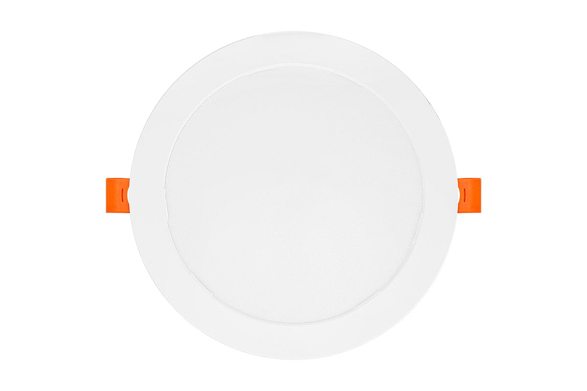 Oprawa do zabudowy LED Bingo R o średnicy okrągłej, biała, z matowym kloszem. Widoczne pomarańczowe zaczepy do montażu. Produkt o mocy 18W, strumieniu świetlnym 1440 lm i temperaturze barwowej 4000K. Ujęcie frontalne, na jednolitym tle.