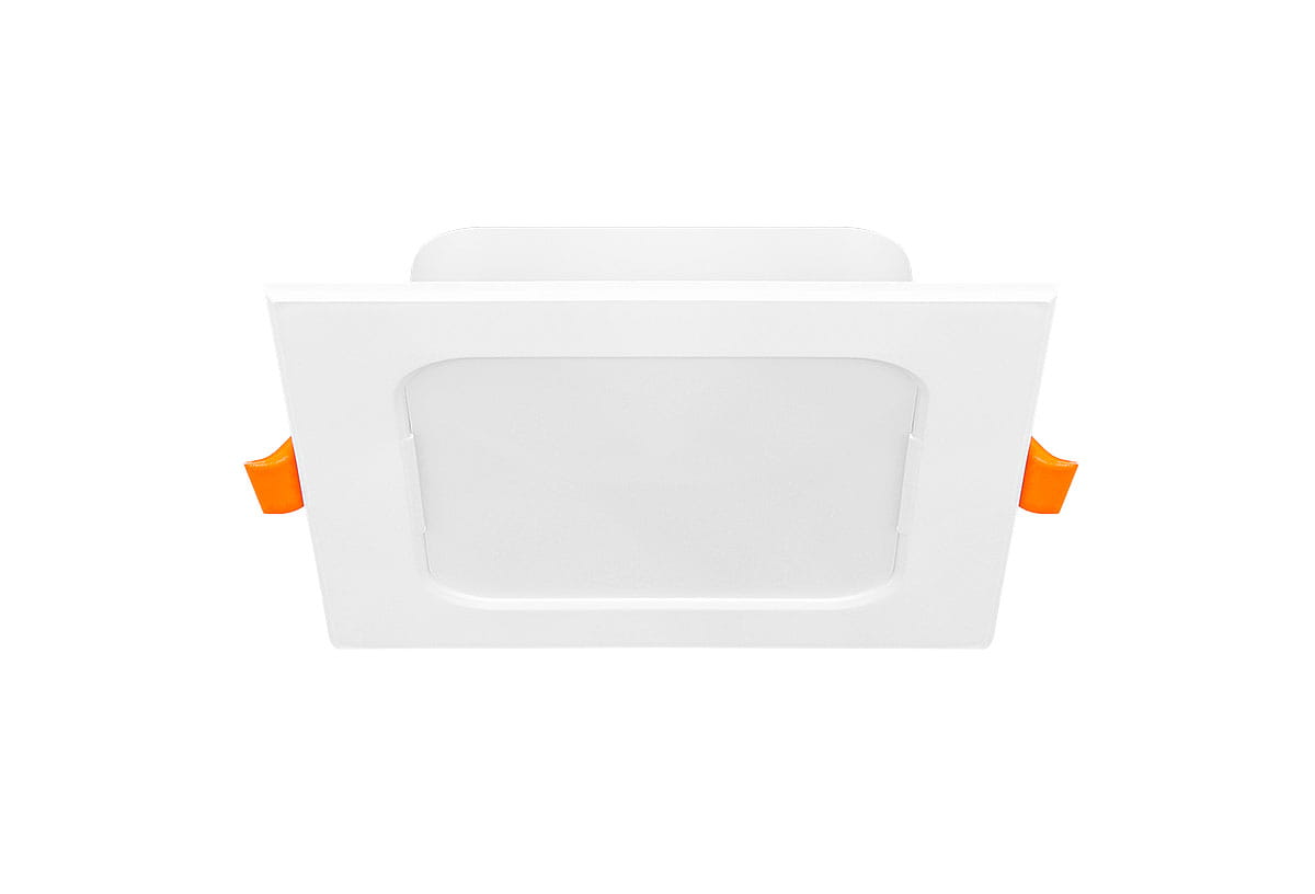 Oprawa do zabudowy LED Bingo S w kolorze białym, o prostokątnym kształcie. Widoczne elementy to przezroczysta osłona oraz pomarańczowe uchwyty. Produkt pokazany z góry, w pozycji leżącej. Wydajność 6W, 480lm, barwa światła 4000K.