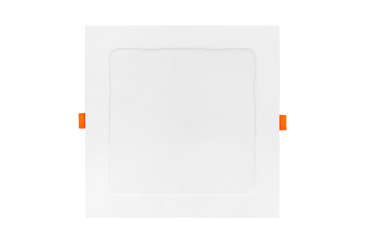 Oprawa do zabudowy LED Bingo S 18W, biała, z matowym kloszem i prostokątnym kształtem. Ujęcie frontalne, widoczne pomarańczowe mocowania. Idealna do montażu w sufitach podwieszanych. Jasność 1440 lm, możliwość regulacji barwy światła (3CCT).