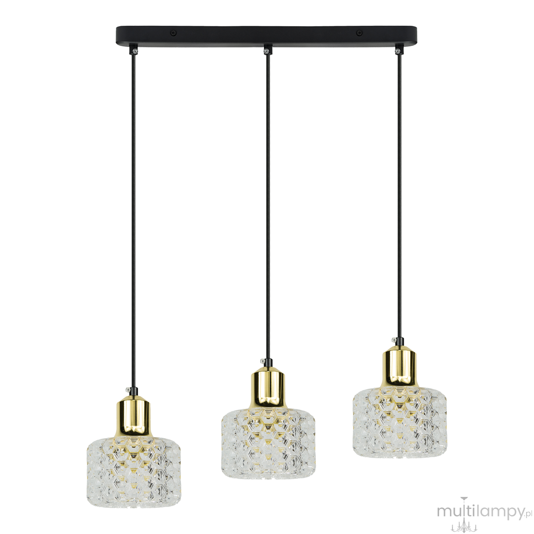 Lumi lampa wisząca 3xG9 w kolorze czarnym i złotym, z trzema kloszami z przezroczystego szkła o teksturowanej powierzchni, zawieszona na czarnych przewodach. Klosze mają złote mocowania, montowane na prostokątnej, czarnej podstawie.