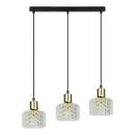 Lumi lampa wisząca 3xG9 w kolorze czarnym i złotym, z trzema kloszami z przezroczystego szkła o teksturowanej powierzchni, zawieszona na czarnych przewodach. Klosze mają złote mocowania, montowane na prostokątnej, czarnej podstawie.