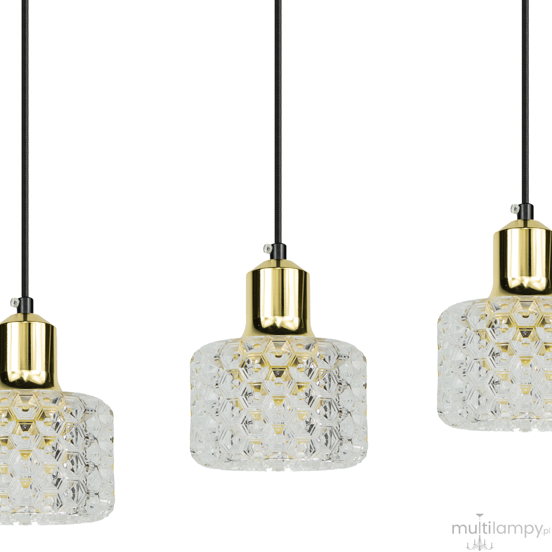 Lampa wisząca Lumi 3xG9 w kolorze czarnym i złotym, z trzema kloszami o heksagonalnej fakturze, zwisającymi na czarnych przewodach. Klosze mają złote elementy u góry, wykonane z przezroczystego szkła.