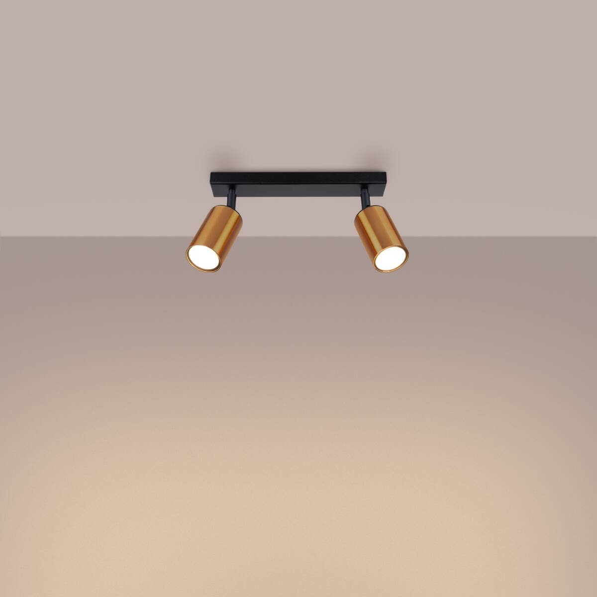 Lampa sufitowa Winx w kolorze czarnym i miedzi z dwoma reflektorami GU10. Ujęcie frontalne, zamontowana na suficie, z widocznymi cylindrycznymi kloszami w odcieniu miedzi. Proste, eleganckie wzornictwo, idealna do nowoczesnych wnętrz.