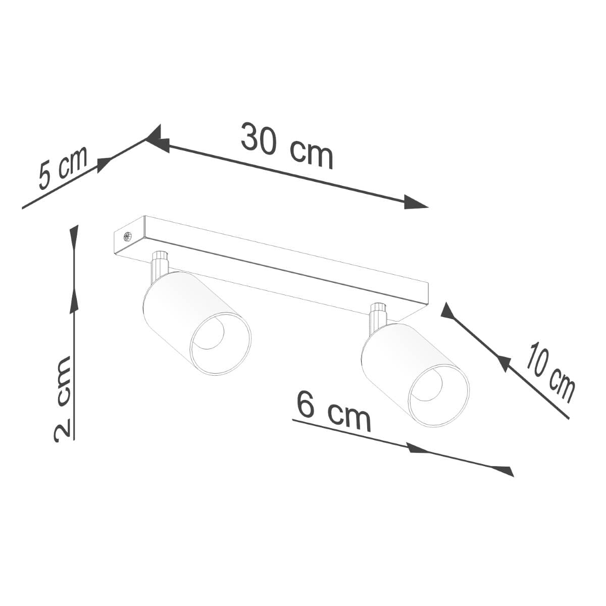 Lampa sufitowa Winx w kolorze czarnym i miedzianym, z dwoma reflektorami GU10. Wymiary: długość 30 cm, wysokość 10 cm, szerokość 5 cm, głębokość 6 cm. Montowana na stropie, z cylindrycznymi kloszami ustawionymi na wysięgnikach.