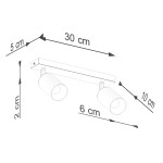 Lampa sufitowa Winx w kolorze czarnym i miedzianym, z dwoma reflektorami GU10. Wymiary: długość 30 cm, wysokość 10 cm, szerokość 5 cm, głębokość 6 cm. Montowana na stropie, z cylindrycznymi kloszami ustawionymi na wysięgnikach.