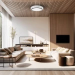 Plafon Miri z pilotem, 1xLED/34W w kolorze białym i czarnym, zamontowany na drewnianym suficie. Oświetlenie okrągłe, minimalistyczne, idealne do nowoczesnych wnętrz. Otoczenie: salon z sofą, stolikiem kawowym i dekoracjami.