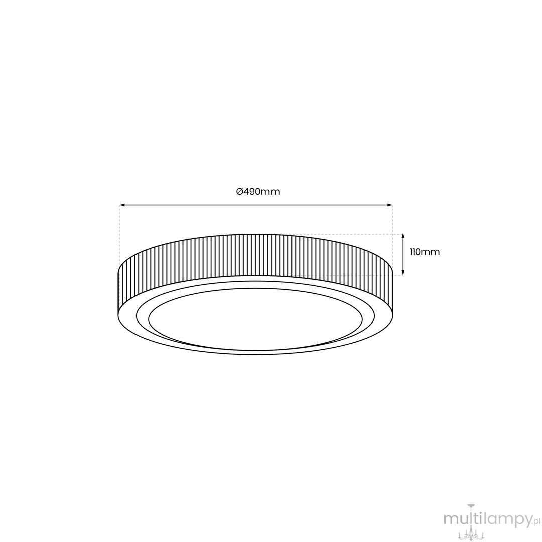 Plafon Miri w kolorze białym i czarnym, o średnicy 490 mm i wysokości 110 mm. Posiada wbudowane źródło LED o mocy 34W oraz pilot do zdalnego sterowania. Kształt okrągły, z teksturowanym obrzeżem.