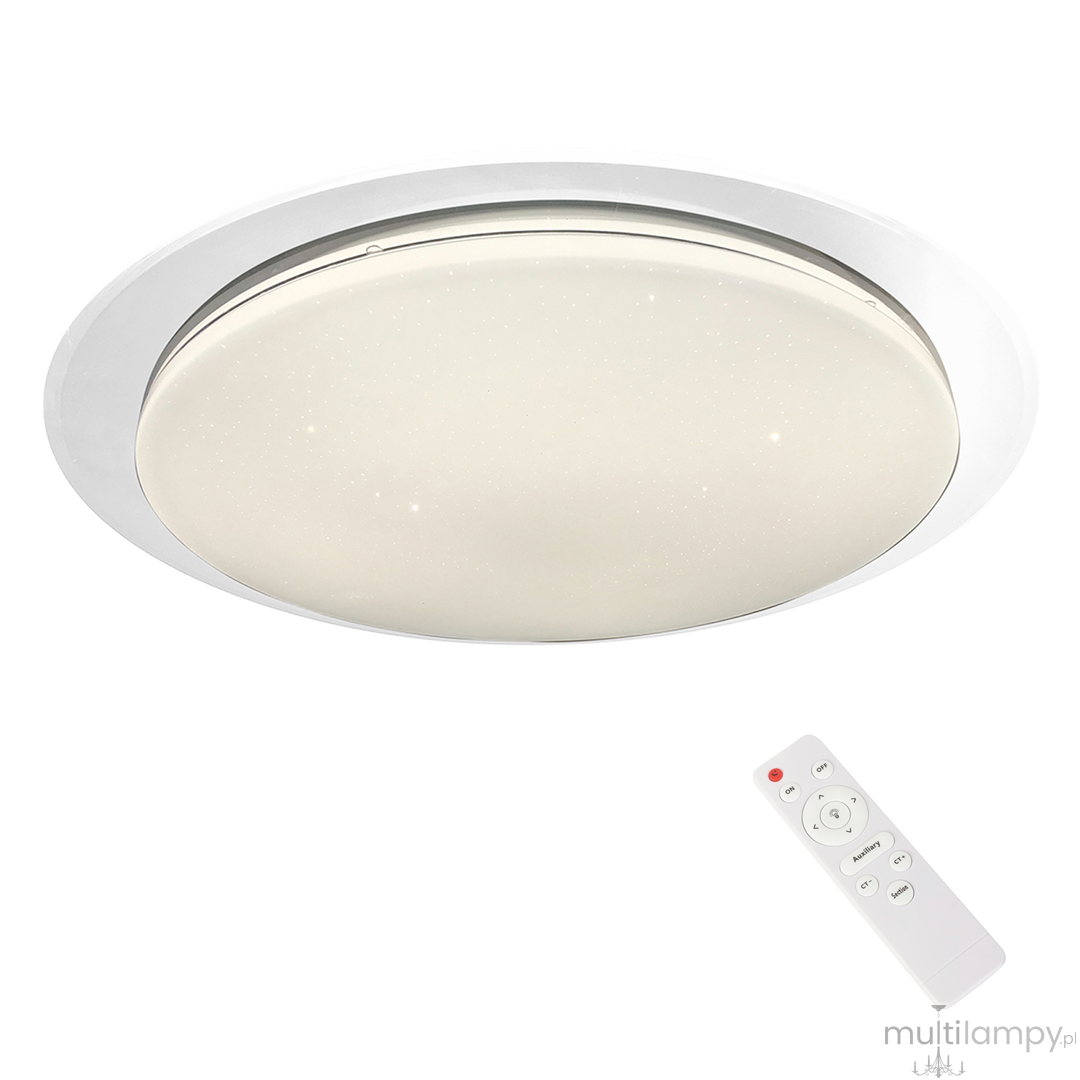 Plafon Ontario D76 w kolorze białym, okrągły, z matową oprawą LED o mocy 80W. W zestawie pilot zdalnego sterowania. Oświetlenie montowane na suficie, z widocznymi drobnymi punktami świetlnymi na kloszu, w aranżacji na jednolitym tle.