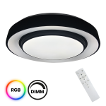 Plafon Naomi w kolorze czarnym i białym, z pilotem, z jedną diodą LED o mocy 24W. Okrągły kształt z funkcją zmiany kolorów RGB i ściemniania, widoczny pilot z przyciskami do sterowania.