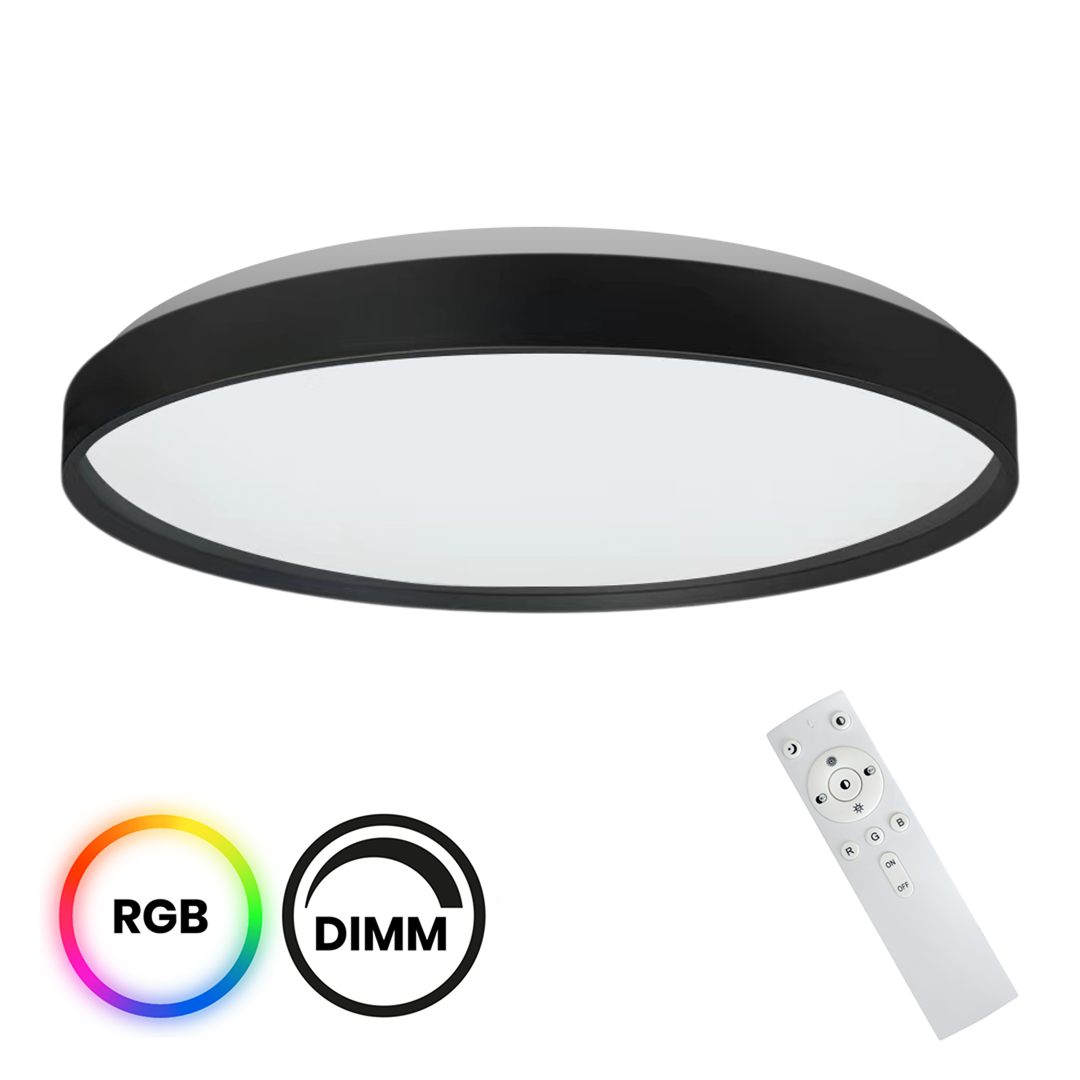 Plafon Ringo w kolorze czarnym i białym, o okrągłym kształcie, z funkcją RGB i ściemnianiem. W zestawie pilot zdalnego sterowania. Widok frontalny na produkt z widocznym pilotem obok.