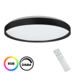 Plafon Ringo w kolorze czarnym i białym, o okrągłym kształcie, z funkcją RGB i ściemnianiem. W zestawie pilot zdalnego sterowania. Widok frontalny na produkt z widocznym pilotem obok.