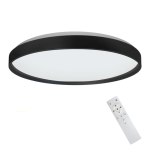 Plafon Ringo w kolorze czarnym z białym kloszem, okrągły, zamontowany na suficie. W komplecie pilot do zdalnego sterowania. Wymiary: 1xLED/36W. Tło białe, produkt widoczny z boku.