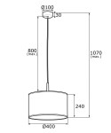 Lampa wisząca Karin z oprawą E27, w kolorze czarnym z złotymi akcentami. Okazała, cylindryczna forma o średnicy 40 cm i wysokości regulowanej do 107 cm. Prosty, nowoczesny design idealny do wnętrz.