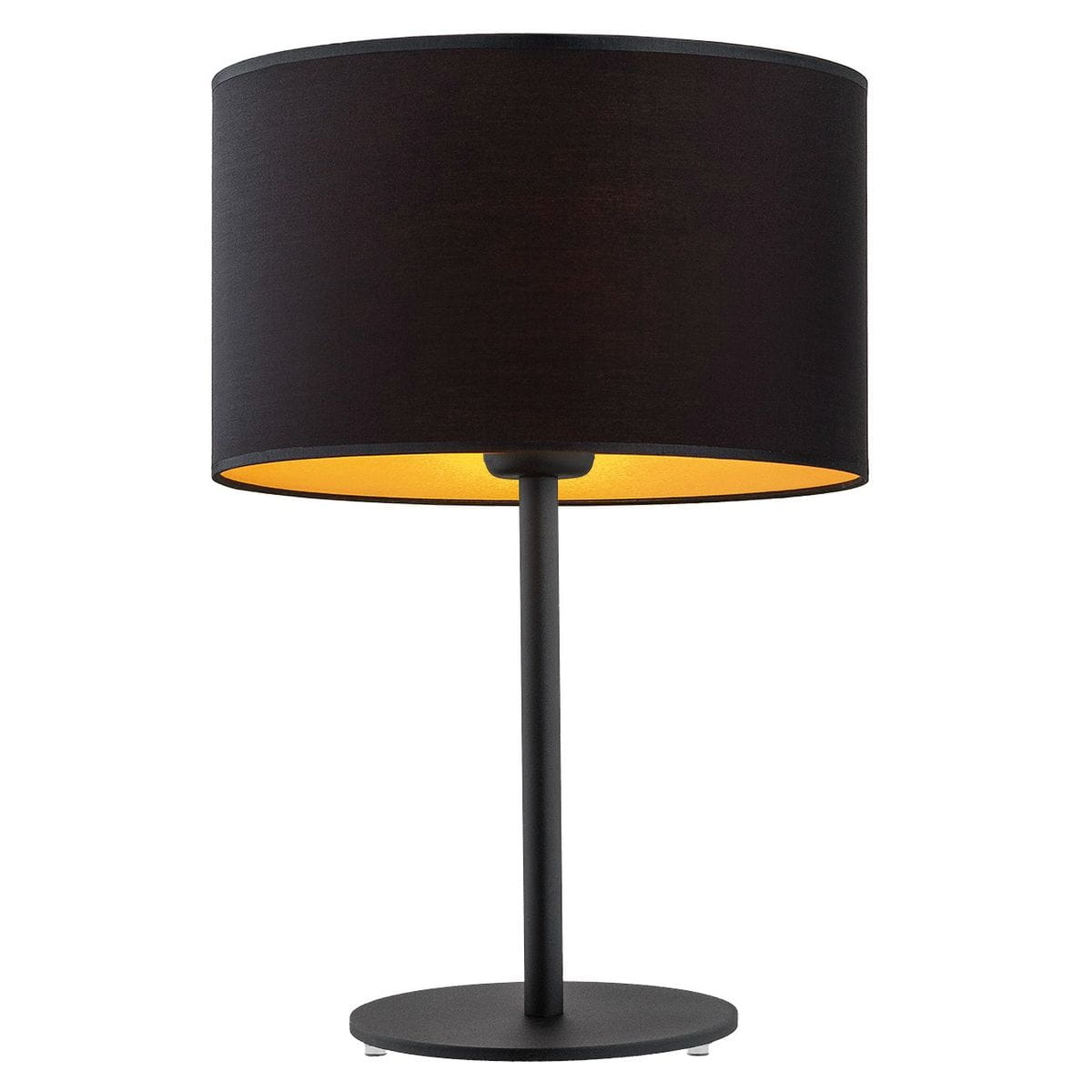 Lampa stołowa Karin z podstawką w kolorze czarnym, z okrągłym abażurem, wewnątrz w kolorze złotym. Ustawiona pionowo, z widocznym gniazdem E27. Prosty design, idealna do różnych aranżacji wnętrz.