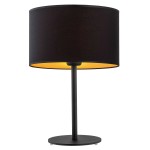 Lampa stołowa Karin z podstawką w kolorze czarnym, z okrągłym abażurem, wewnątrz w kolorze złotym. Ustawiona pionowo, z widocznym gniazdem E27. Prosty design, idealna do różnych aranżacji wnętrz.