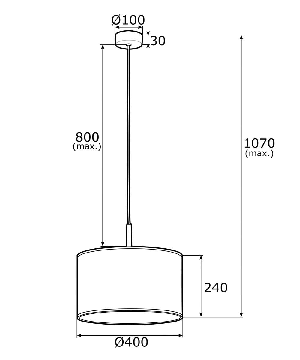 Czarna lampa wisząca Karin z jednym gniazdem E27, okrągła, o średnicy 400 mm i wysokości 240 mm, zawieszona na regulowanym przewodzie o maksymalnej długości 1070 mm. Prosta konstrukcja, idealna do nowoczesnych wnętrz.