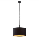 Lampa wisząca Karin 1xE27 w kolorze czarnym. Okrągły klosz z tkaniny, zawieszony na długim przewodzie. Wnętrze klosza w kolorze złotym, co daje ciepłe światło. Prosta konstrukcja, idealna do nowoczesnych wnętrz.