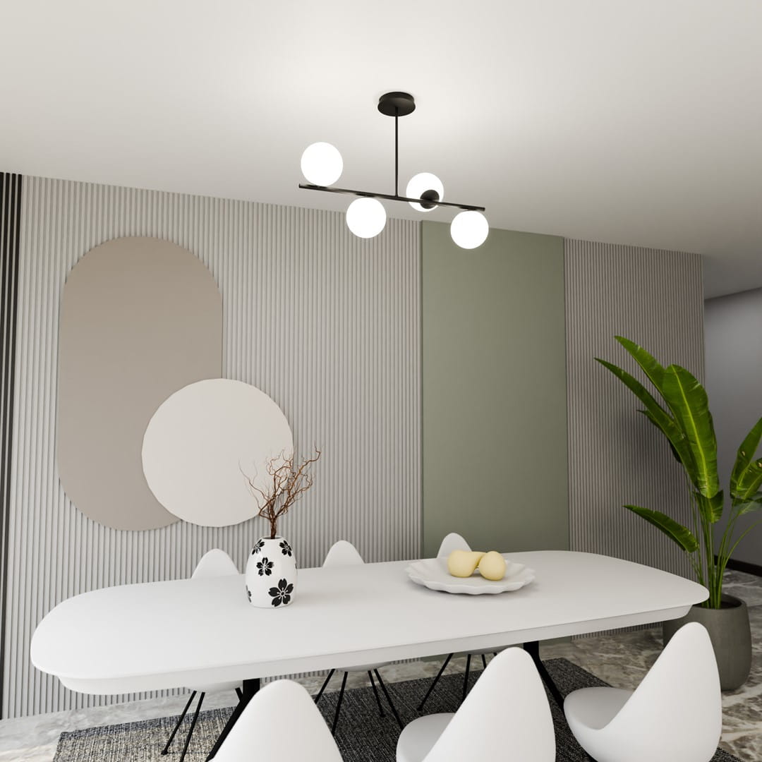 Czarna lampa wisząca Bior 4-punktowa z czterema białymi kulistymi kloszami, zamontowana na suficie. Produkt w minimalistycznym stylu, idealny do nowoczesnych wnętrz. Widoczna w aranżacji jadalni z białym stołem i dekoracjami.