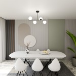 Lampa wisząca 4-punktowa w kolorze czarnym z okrągłymi, białymi kloszami, zamontowana na czarnej podstawie. Zawieszona centralnie nad białym stołem w nowoczesnej jadalni, otoczona przez białe krzesła o zaokrąglonym kształcie, na tle dekoracyjnej ściany.