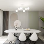 Lampa wisząca Bior 6-punktowa w kolorze białym, z okrągłymi kloszami, zawieszona nad białym stołem w nowoczesnej jadalni. Otoczona przez sześć białych krzeseł o kształcie kropli, w tle z widocznymi dekoracjami na ścianach.