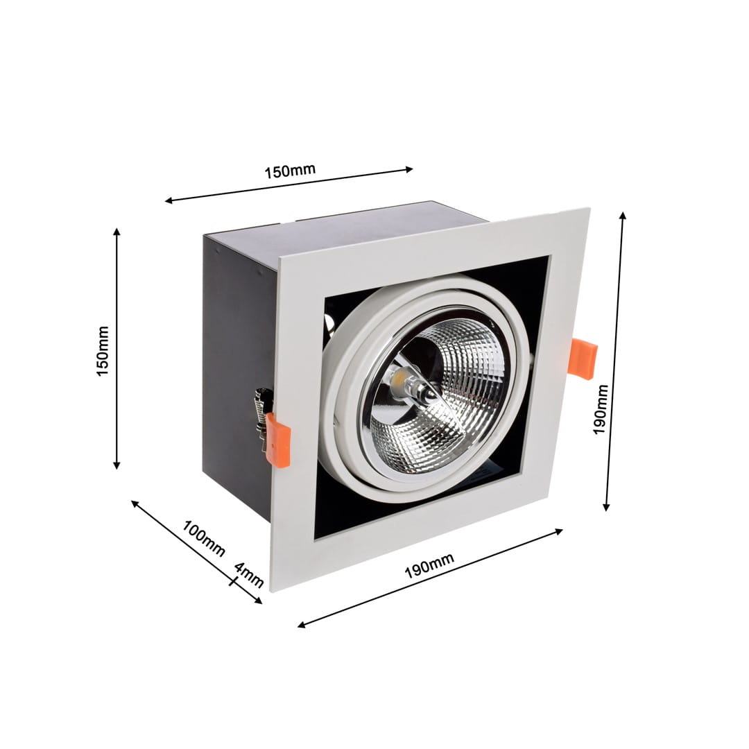 Oprawa do zabudowy Plaza 1xGU10 AR111 w kolorze białym i czarnym, kwadratowa, z metalowym kloszem. Wymiary: 190mm x 190mm x 150mm. Uchwyt zamontowany z boku, widoczna lampa. Przeznaczona do montażu w sufitach podwieszanych.