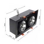 Plaza oprawa do zabudowy 2xGU10 AR111 w kolorze czarnym, z dwoma okrągłymi reflektorami, wymiarach 350mm x 190mm x 150mm. Ujęcie z boku, ukazujące detale konstrukcji oraz widoczne mocowania w kolorze pomarańczowym.