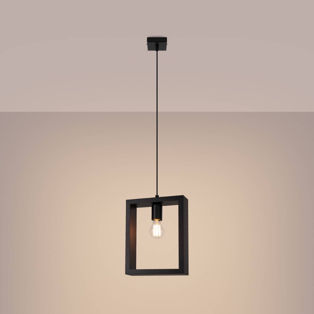 Lampa wisząca Aries w kolorze czarnym i wenge, z prostokątną ramą, zawieszona na cienkim przewodzie. Widoczna żarówka E27 w centralnym punkcie. Tło w jasnym odcieniu, podkreślające minimalistyczny design.